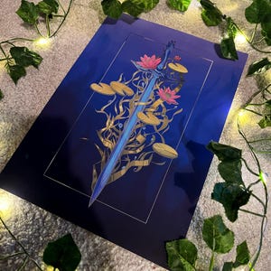 May include: A blue and gold sword with a floral design. The sword is surrounded by water lilies and leaves. The background is a dark blue gradient.