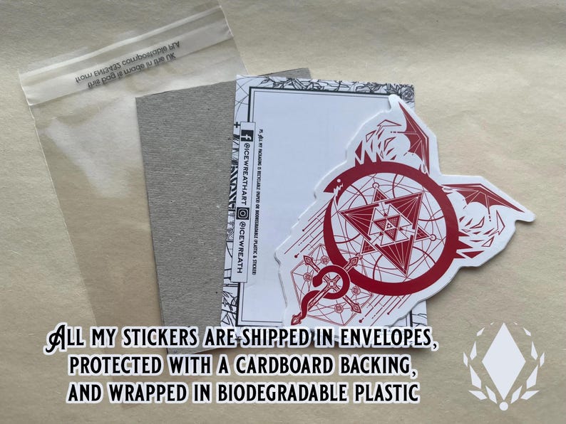 The Red sticker is displayed alongside the cardboard and biodegradable packaging used to ship the product. Text reads "All my stickers are shipped in envelopes, protected with a cardboard backing, and wrapped in biodegradable plastic."