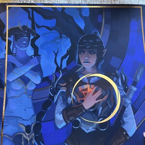May include: Two figures in a blue and purple fantasy setting. One figure is wearing a blue and gold outfit with a blindfold. The other figure is wearing a blue and brown outfit with a gold halo around their head. The figure with the halo is holding their hand over their heart.