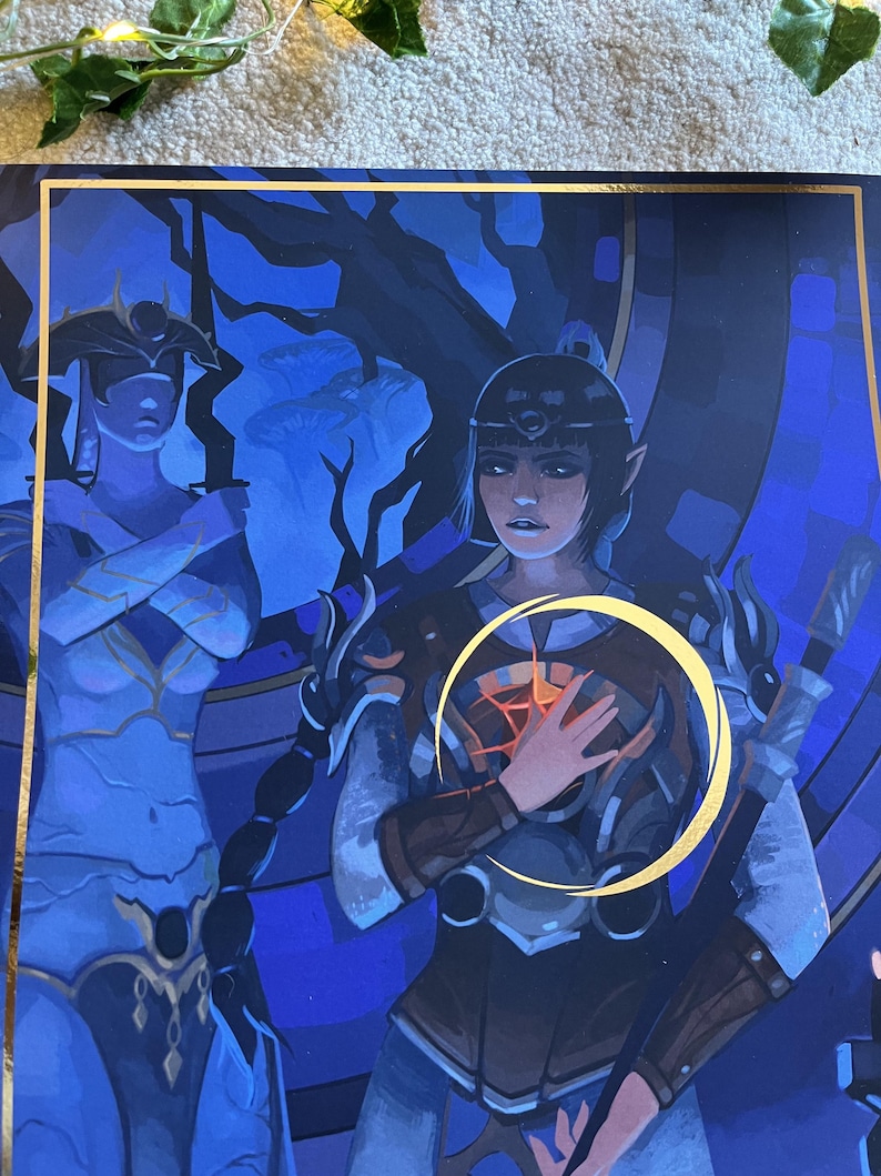 May include: Two figures in a blue and purple fantasy setting. One figure is wearing a blue and gold outfit with a blindfold. The other figure is wearing a blue and brown outfit with a gold halo around their head. The figure with the halo is holding their hand over their heart.