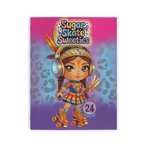 Op de afbeelding: Een kleurboek getiteld "Sugar Skate Sweeties" toont een stripmeisje op rolschaatsen. Ze draagt een kleurrijke outfit, een koptelefoon en houdt potloden vast. De omslag is roze en paars met een luipaardprint achtergrond. Het boek heeft 24 kleurplaten.
