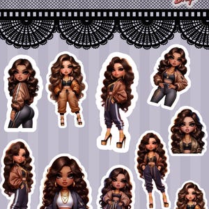 May include: A sheet of stickers featuring illustrations of stylish dolls in various poses. The dolls have brown skin, curly brown hair, and are wearing fashionable outfits, including jackets, crop tops, and pants. The stickers have the text "Bossmama210 designs" and "Sidewalk + Slay Dolls Off-duty Drip".