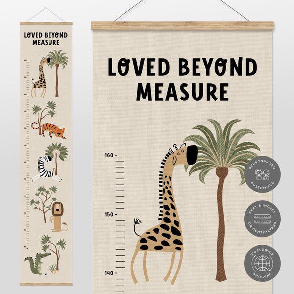 Tabla de crecimiento de lienzo "Loved Beyond Measure Jungle Safari", decoración de guardería de safari, tabla de crecimiento para niños, decoración de dormitorio infantil con animales