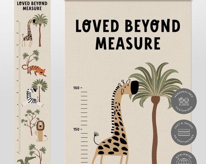 Loved Beyond Measure Jungle Safari Height Chart Safari Nursery Decor Canvas Growth Chart Children's Height Chart, Animal Kids Bedroom Decor