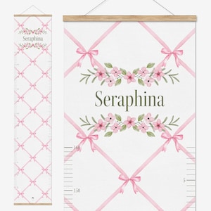 Gepersonaliseerde canvas hoogtetabel, hoogtetabel kinderen, strikken slaapkamer decor, bloemen kamerthema, decor kinderkamer, kunst aan de muur meisjes, roze strik latwerk