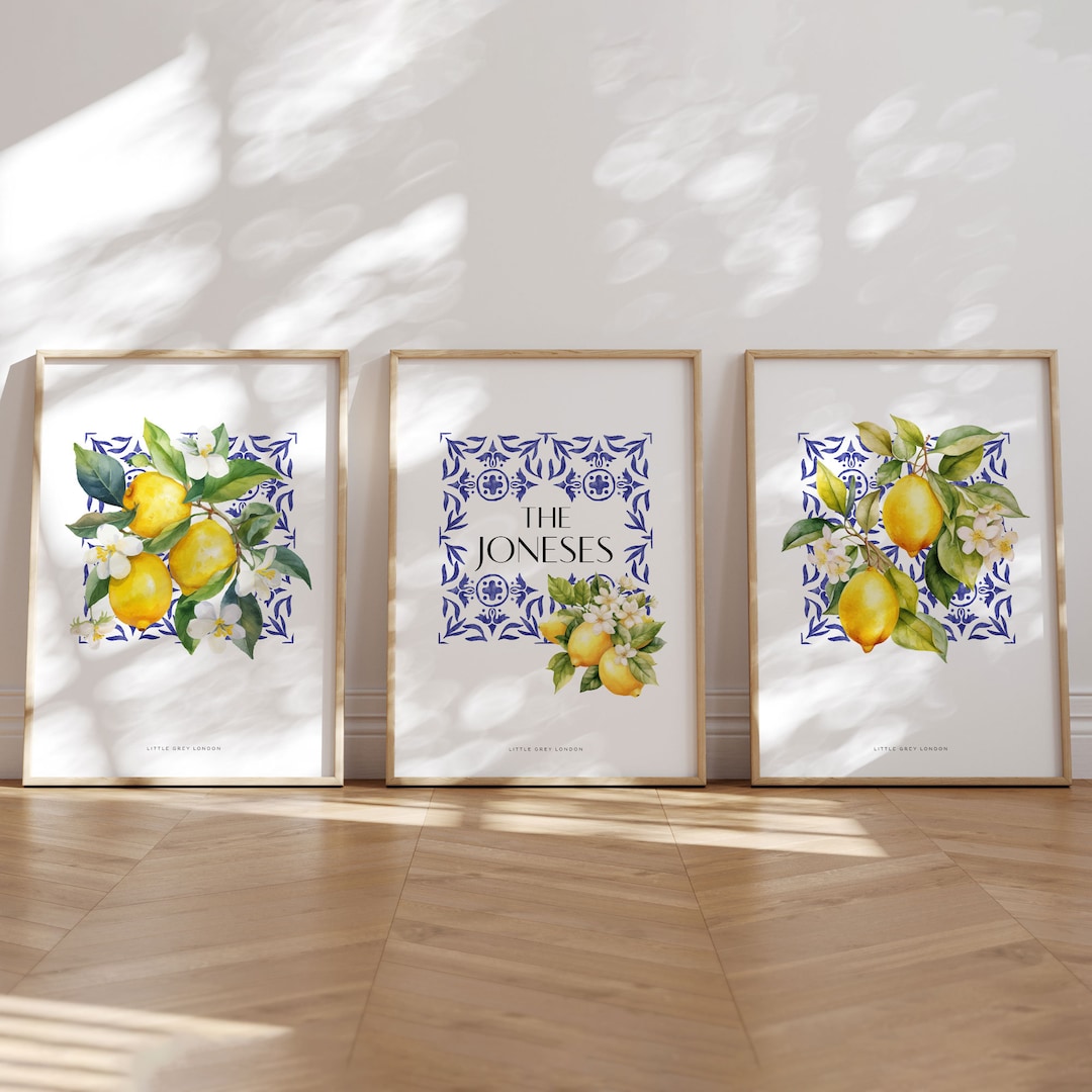 Lemon Fruit Wall Art Set of 3 Prints, Personalised Family Name Print ...