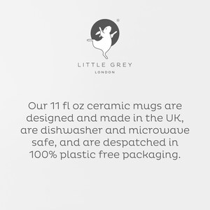 May include: A white ceramic mug with a capacity of 11 fluid ounces. The mug is designed and made in the UK. It is dishwasher and microwave safe and comes in 100% plastic-free packaging. The text "LITTLE GREY LONDON" is printed below the image of a rabbit.