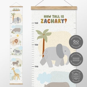 Personalisierte Safari-Kinder-Messlatte, Leinwand-Wachstumstabelle, Safari-Kinderzimmer-Dekor, Tier-Kinderzimmer-Dekor, Spielzimmer-Wanddekoration, Safari-Tiere