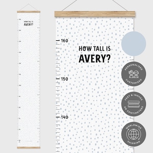 Personalised Childrens Height Chart, Growth Chart, Polka Dot Nursery Decor, Scandi Kids Decor, Playroom Ruler, Boys Room, Blue Nursery Decor