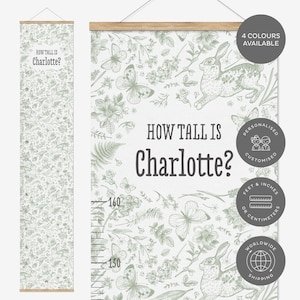 Gepersonaliseerde kinderhoogtegrafiek vlinder muur kunst groeimeter konijn kinderkamerdecoratie ditsy bloemen kunst aan de muur, groen kinderkamerinrichting