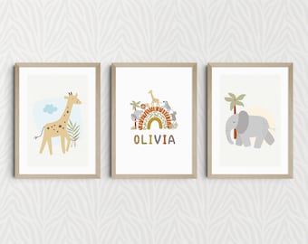 Set Of 3 Nursery Prints Personalised Safari Animals Nursery Wall Art Personalised Baby Gift Nursery Decor Safari Nursery Prints, Baby Shower