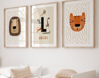 Set Of 3 Nursery Prints Personalised Boho Safari Animals Nursery Wall Art Personalised Baby Gift Nursery Decor, Jungle Safari Nursery Prints