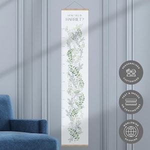 Gepersonaliseerde Botanische Vine Kids Hoogte Grafiek Bladeren & Bessen Groei Grafiek Kinderdagverblijf Decor Kinderkamer Decor Kindermuurkunst, Botanische Kamer Decor