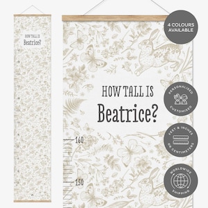 Gepersonaliseerde kinderen hoogtegrafiek vlinder kunst aan de muur canvas groeimeter konijn kinderkamer decor ditsy bloemen muurkunst, taupe kinderkamer decor