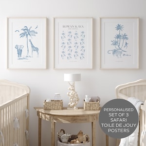 Arte personalizado de la guardería Toile De Jouy Safari, conjunto de 3 impresiones de pared Safari, decoración de la guardería Safari, regalo personalizado para bebés, Toile De Jouy azul