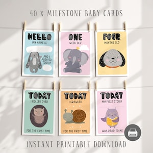 Lot de 40 cartes jalons bébé nouveau-né imprimables cartes jalon bébé animal Téléchargement instantané en téléchargement numérique cadeau souvenir de bébé bohème