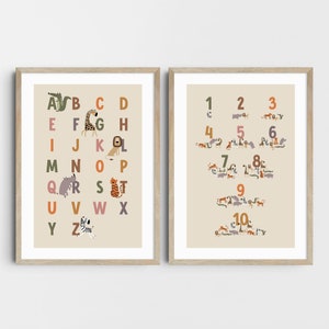 Conjunto de 2 impresiones educativas de arte de pared para niños, póster del alfabeto, póster de números, póster de aprendizaje de sala de juegos, decoración de guardería de animales Scandi Safari