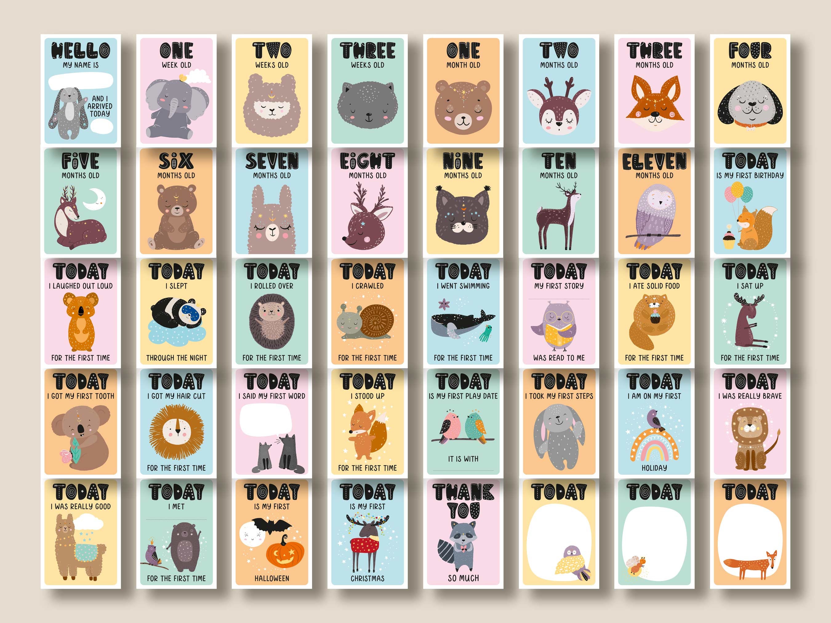 Pack of 40 Newborn Baby Milestone Cards Printable Animal Baby Milestone ...
