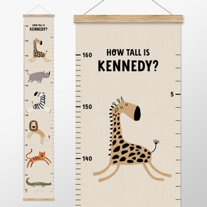Tableau de taille personnalisé Safari pour enfants, courbe de croissance, toile, décoration de chambre d'enfant safari, décoration de chambre d'animaux, animaux de safari, cadeau pour enfants, chambre safari