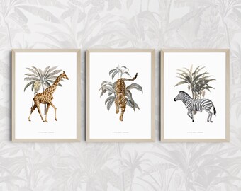 Set Of 3 Tropical Safari Wall Art Safari Prints Safari Animal Nursery Art Tropical Print Jungle Theme Kids Room Prints, Safari Nursery Decor