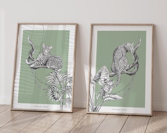 Set of 2, Tropical Leopard Print, Tropical Wall Art Prints, Jungle Nursery Decor, Green Wall Decor, Jungle Art, Tropical Animal Print, Green