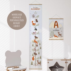 Personalisierte Waldtiere, Leinwand-Messlatte, Scandi-Tiere, Kinderzimmer-Dekor, Wachstumstabelle, Wald-Kinderzimmer-Dekor, Tier-Wandkunst