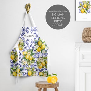 Personalised Kid’s Apron Baking Apron for Kids Cooking Apron Gifts for Kids Lemons Print Apron Star Baker Mini Chef Apron, Children&#39;s Apron