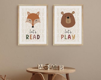 Set of 2 Forest Animals Playroom Kids Wall Art, Woodland Animal Prints, Let's Read Art Print, Let's Play Art, Woodland Nursery Decor, Fox