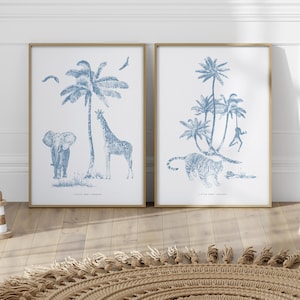 Toile de Jouy Safari Animals Set of 2 Prints, Blue Toile De Jouy Wall Art, Kid’s Wall Prints, Safari Nursery Decor, Tropical Safari Wall Art