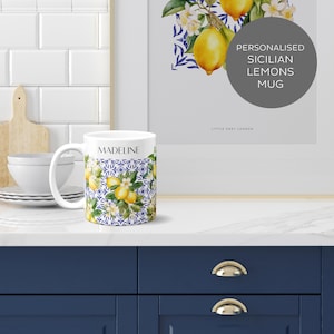Personalised Lemons Mug Gift For Her Blue and White Ceramic Italian Lemons Mug Gift For Mum Lemon Fruit Mug Custom Name Mug, Dolce Vita Mug