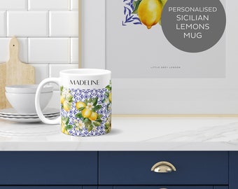 Personalisierte Zitronen Becher Geschenk für Sie Blaue und weiße keramische italienische Zitronen Becher Geschenk für Mama Zitronenfruchtbecher Benutzerdefinierte Namensbecher, Dolce Vita Becher
