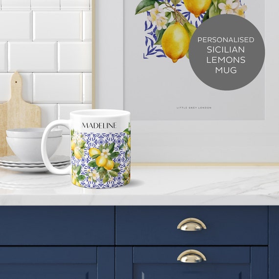 Personalised Lemons Mug Gift For Her Blue and White Ceramic Italian Lemons Mug Gift For Mum Lemon Fruit Mug Custom Name Mug, Dolce Vita Mug
