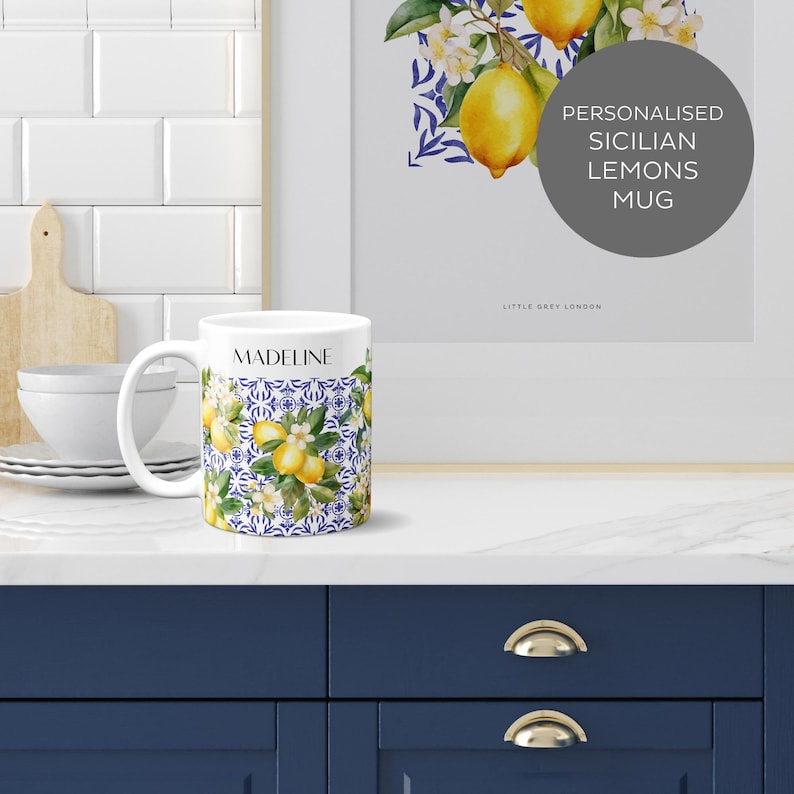 Personalised Lemons Mug Gift For Her Blue and White Ceramic Italian Lemons Mug Gift For Mum Lemon Fruit Mug Custom Name Mug, Dolce Vita Mug