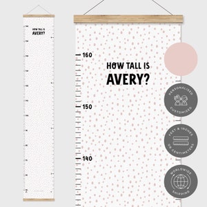 Gepersonaliseerde hoogtegrafiek voor kinderen, groeigrafiek, roze kinderkunst aan de muur, roze kinderkamerdecoratie, 1e verjaardagscadeau, babykamermeisje, polkadot
