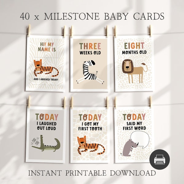 Digital Printable Baby Milestone Cards, Safari Animals Milestone Cards, Baby Memory Cards Instant Download, Baby Shower Gift, Boho Baby Gift