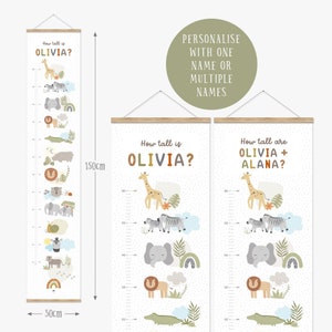 Personalised Children&#39;s Safari Themed Height Chart, Growth Chart, Safari Animals, Kids Decor, Safari Height Chart, Canvas Height Chart Kids