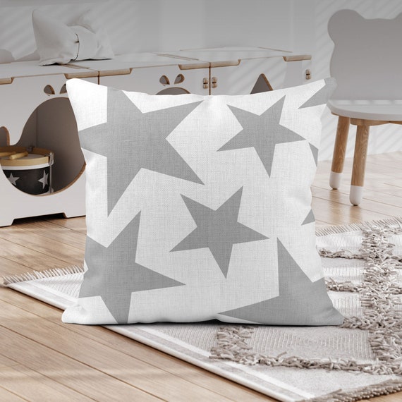Grey Stars Scatter Linen Cushion, Grey Kids Decor, Stars Nursery Decor, Star Print Pillow, Star Print Cushion, Gift for Kids, Grey Cushion