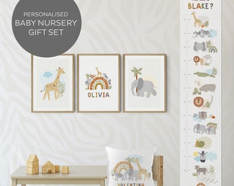 Personalised Safari Animals Baby Gift Set, Kids Height Chart, Set of 3 Safari Wall Art, Personalised Cushion, Baby Shower Gift,Nursery Decor