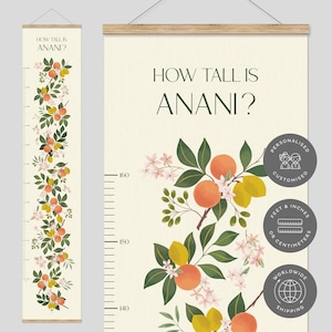 Personalisiert, Orange & Zitronen Kinder Höhendiagramm Botanische Wandkunst Wachstumslehre Bumble Bee Kinder Wandkunst Spielzimmer Lineal Botanischer Raum Dekor