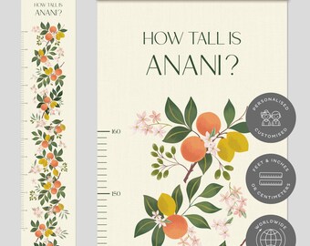 May include: A personalized growth chart featuring a citrus tree with orange and lemon fruit, pink flowers, and green leaves. The chart is printed on a cream background and includes the text "How Tall Is Anani?" and measurements in inches and centimeters.