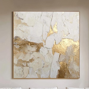 Gold and white 3D Textured painting Gold wall art Gold foil abstract art Light luxury framed wall art living room decor Original canvas art
