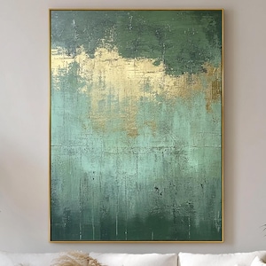 Grande peinture à l&#39;huile originale dorée et verte encadrée sur toile Art mural abstrait doré, peinture texturée dorée, peinture à la feuille d&#39;or, décoration murale bohème