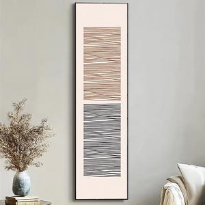 Grote donkerblauwe en bruine lijnen abstracte textuur lang smal schilderij, moderne minimalistische muurkunst, kunst aan de muur woonkamer, neutraal ingelijste muurkunst