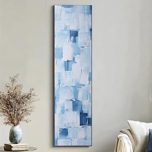 Large Blue&White Abstract Texture Long Narrow painting ,Heavy Modern minimalist Wall Art,Living room wall art,Neutral Framed Wall Art