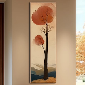 Original Orange-red tree Long Narrow painting,Tall and Thin Canvas wall art,Modern landscape wall art,Lving room wall art,Framed painting