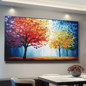 Large Colorful Tree Abstract Oil Painting on Canvas ,Colorful Textured Wall Art,Bed Room Wall Art ,Boho Wall Art Modern Living Room Wall Art