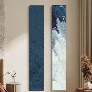 Blue & White Vertical Textured Abstract Paintings,Set of 2 Framed Tall Narrow Canvas Ar, Living room wall art,Modern Minimalist Wall Decor