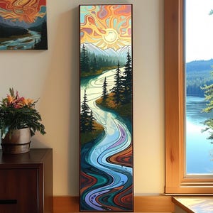Original Mountains&Rivers And Sun Long Narrow painting,Tall and Thin Canvas wall art,Modern landscape wall art,Lving room wall art