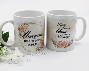 Half His /Her Deen Mugs, Mr & Mrs Mugs, Islamic Wedding Mug Gift Set, Islamic Wedding Hamper Gift, Couple Gift, Nikkah Gift, Arabic Mugs