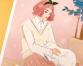 少女とペルシャ猫のプリント